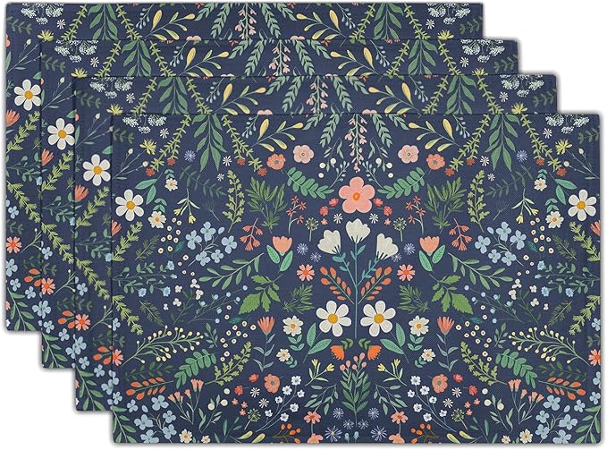 Giwawa Colorful Boho Flowers Placemats Set of 4 for Kitchen Dining, Navy Blue Rustic Floral Leaf Botanical Washable Linen Place Table Mat 12x18 Inches for Tabletop Seasonal Party Home Decor