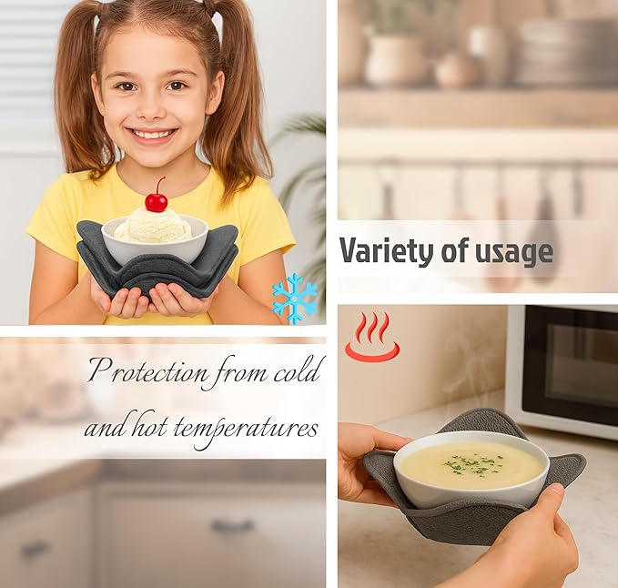 Set 2X Gray 7" sq. x 4" H Bowl Holders - Polyester Hot Soup Holder for Kitchen Gadget - Hot Pot and Japanese Soup Bowls - Microwave Bowl Cozy Safe - Multipurpose Hot Heat Proof Plate Holder