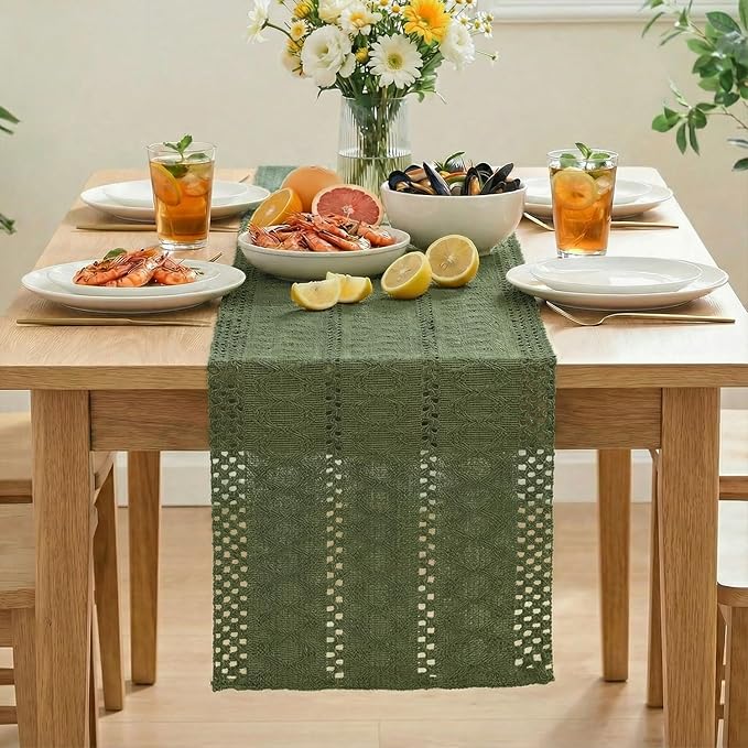 Artoid Mode Army Green Farmhouse Woven Rustic Hollow Table Runner, Seasonal Holiday Hollow Kitchen Dining Table Decoration for Home Party Decor 12x36 Inch