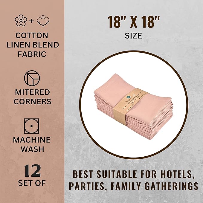 FINGERCRAFT Dinner Cloth Napkin Cotton Linen Blend 12 Pack Natural Premium Quality Mitred Corner for Every Day Use Pre Shrunk and Good Absorbency 18x18 in Easter Color Dusty Pink