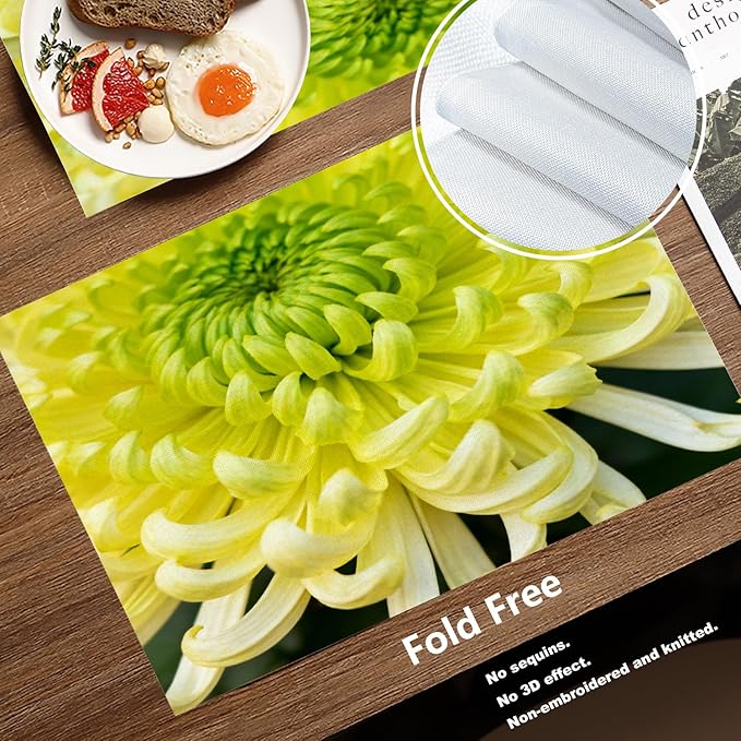 Batmerry Spring Floarl Placemats, Lime Green Chrysanthemum Flower Square Washable Linen Table Mats for Kitchen Table Double Insulation Decor Dining Set Indoor Outdoor 12X18 in Set of 8