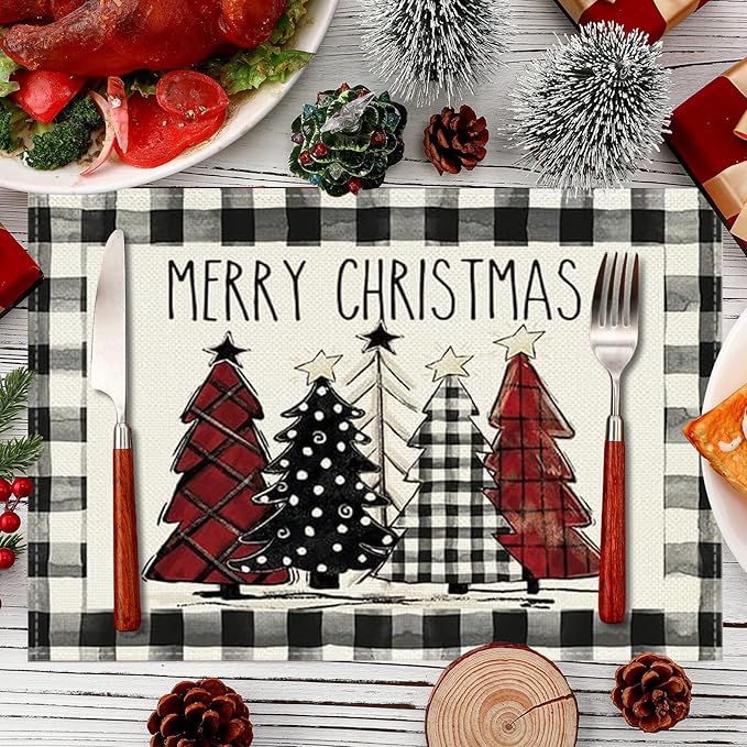 Bloss Christmas Placemats Set of 6,Red and Black Buffalo Plaid Christmas Trees Table Placemats,12x18 Inch Seasonal Winter Xmas Holiday Kitchen Dining Tables Mats for Indoor Outdoor Home Party Decor
