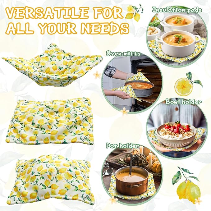 Cunhill 4 Pcs Cotton Microwave Bowl Cozy Holders for Hot Food Hot Pads Soup Bowl Potholders Heat Resistant Multipurpose Quilted Safe Holders for Kitchen Plate Supply(Yellow,Cute Lemon Style)