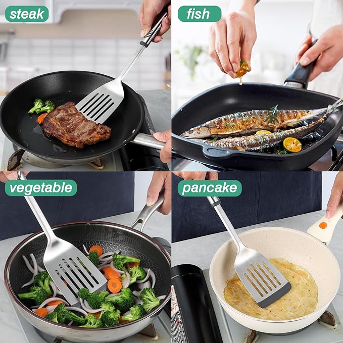 Silicone Spatula - Slotted Turner Fish Spatulas for Nonstick Cookware - Stainless Steel Pancake Flipper Perfect for Steak, Burger, Pizza, Egg - Comfortable Grip - Dishwasher Safe - 13.86 inch
