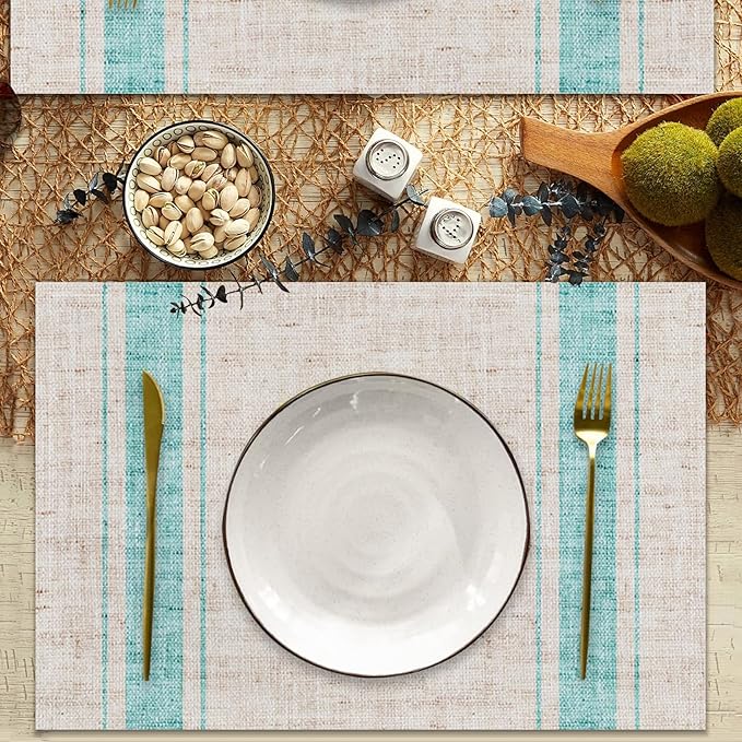 CSFOTO Modern Minimalist Line Decorative Placemats Set of 4 Heat-Resistant Non-Slip Kitchen Table Mats Khaki Woven Rectangle Placemats for Dining Table 18"x12" Washable, Light Blue Stripe
