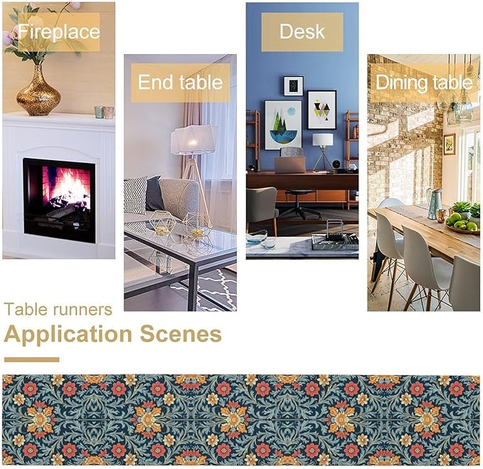 William Morris Table Runner Rural Farmhouse Vintage Flower Art Printed Dinner Runner for Home Kitchen Dining Table Decor Fabric 1 Panel W13xL108in
