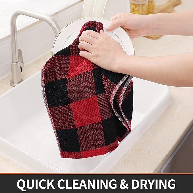 Homaxy 100% Cotton Waffle Weave Check Plaid Kitchen Towels, 13 x 28 Inches, Super Soft and Absorbent Dish Towels for Drying Dishes, 6-Pack, Black & Red