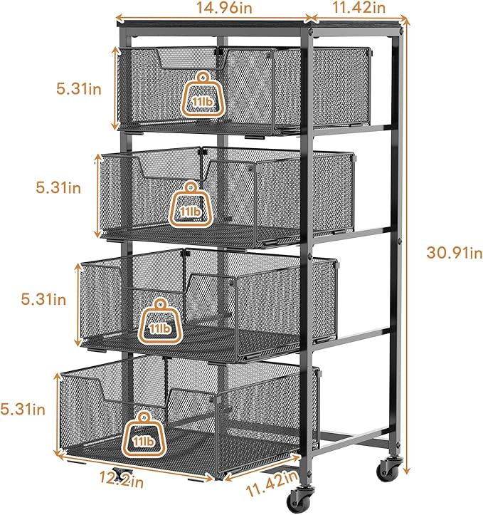 4-Tier Fruit Vegetable Storage Cart - Kitchen Organizer and Storage Cart with Wheels, Wooden Top Metal Wire Fruit Vegetable Rack Stand with Drawers to Storage Cans Snacks for Kitchen(Patent Pending)