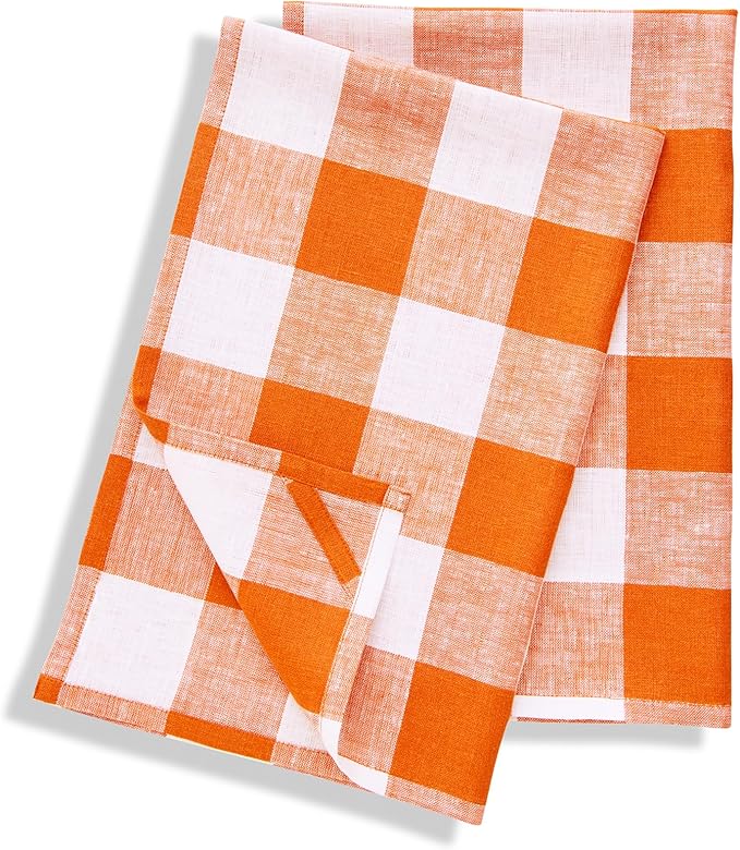 Solino Home Linen Kitchen Towels Set of 2 - Pumpkin and White 16.5 x 26.5 Inch - 100% Pure Linen Buffalo Check Kitchen/Tea Towels - Machine Washable and Handcrafted from European Flax