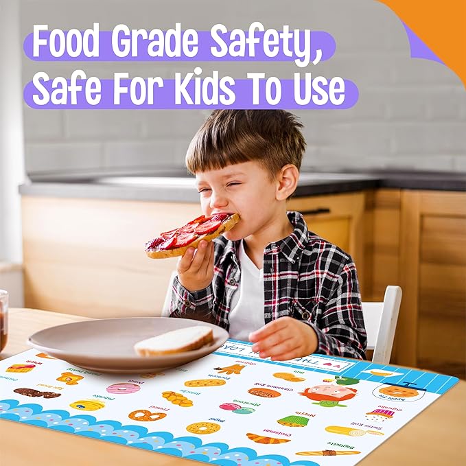6 Pack Placemats for Kids, Non-Slip Washable Table Mats, Reusable Food Themed Dining Mats - Fruits, Vegetables, Snacks, Candies, Everyday Meal, Educational Placemats for Home, Classroom, Nursery