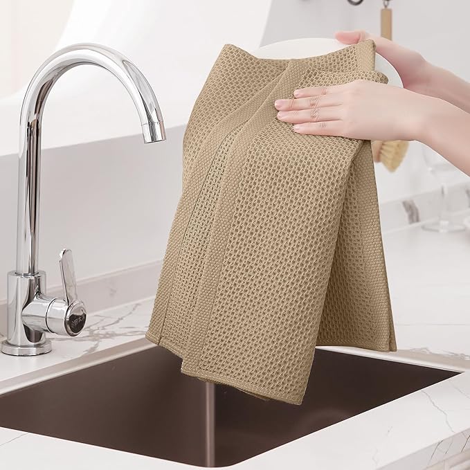 Homaxy 100% Cotton Waffle Weave Kitchen Dish Towels, Ultra Soft Absorbent Quick Drying Cleaning Towel, 20x28 Inches, 4-Pack, Tan
