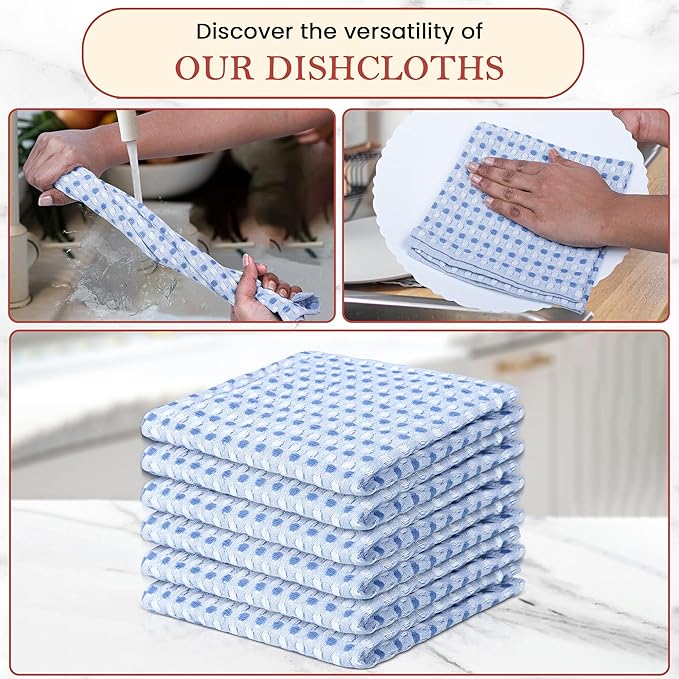 Vintage Vista 100% Cotton Dish Cloths (Pack of 6) - Dish Rags for Washing Dishes - Reusable & Highly Absorbent Kitchen Towels - Kitchen Rags fo Easter - (12" x 12" - Blue Honeycomb)