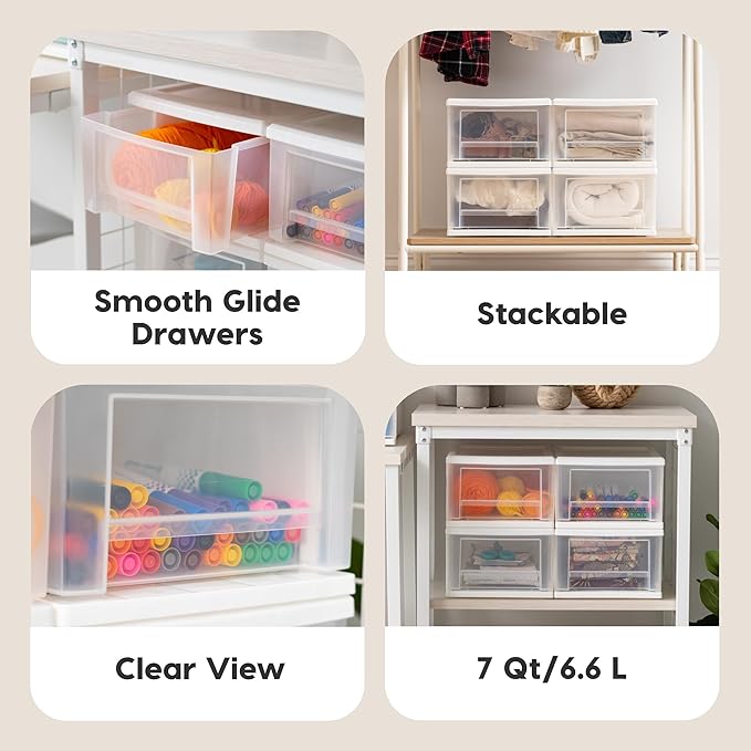 IRIS USA 7 Qt. Small Plastic Stacking Drawer, Stackable Storage Organizer Unit with Sliding Drawer for Bedroom Kitchen Under Sink Pantry Craft Room Dorm Office, White, 4-Pack