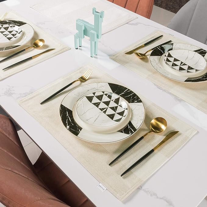 Beige White Buffalo Plaid Placemats 13 x 19 Inches Set of 4,Linen Checkered Double Layer Placemat Decorative Kitchen Table Mats,Waterproof Heat Resistant Durable Cloth Place Mats