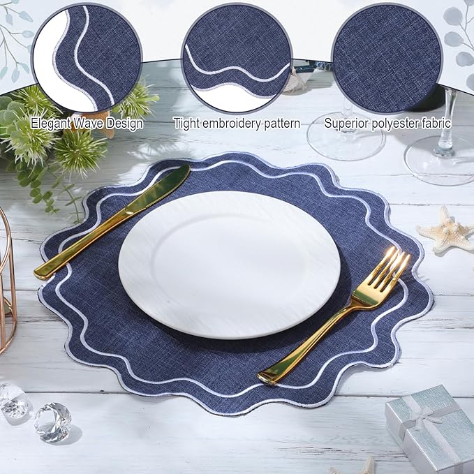 Set of 12 Cotton Linen Placemats, 15x15 Scalloped Flower Embroidery Cloth Table Mats Double Layered Fabric Washable Wrinkle Free Dining Placemat for Restaurant Kitchen Decor(Navy Blue)