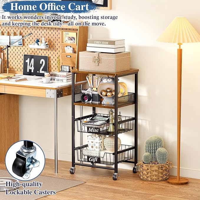 OKZEST 4 Tier Rolling Cart with Drawer Baskets, Metal Utility Storage Cart with Wheels and Wood Top for Living Room, Kitchen, Home Office, Bedroom, Pantry, Baby Essential, Makeup, Snack, Craft, Black