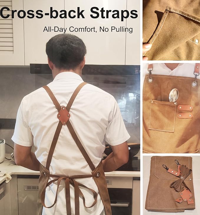 Chef Apron with Large Pockets for Women Men, Cotton Canvas Cross Back Water Repellent Adjustable Work Apron
