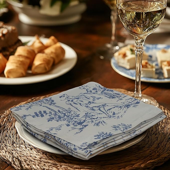 COTTON CRAFT French Country Toile Cloth Cocktail Napkins - Set of 12 - 100% Cotton Bar Napkin for Happy Hour, Beverage, Dessert, Drinks - Holiday Party Gift - 10x10 - Blue
