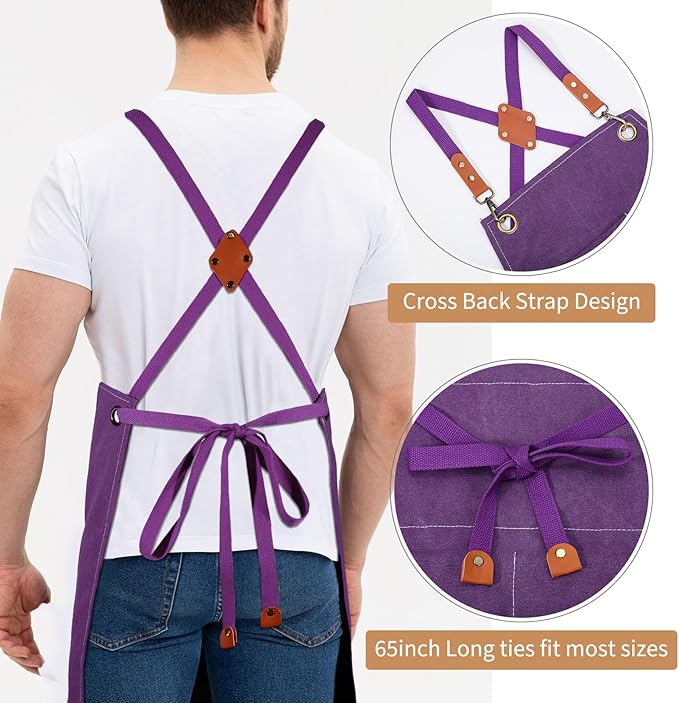 Work Aprons for Men Women with 9 Pockets Chef Apron 14oz Cotton Canvas Cross Back Aprons Heavy Duty Apron Purple Tool Apron for Woodworkers Kitchen Cooking Apron Waterproof Apron Size M to XXL