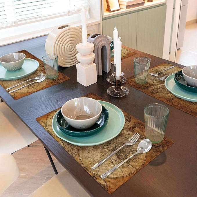 Vintage World Map Placemats Set of 4 Old Paper Linen Washable Retro Style Placemat Kitchen Dining Heat-Resistant Nostalgic Historical Place Mats Desktop Decor Table Mats 12x18 Inch