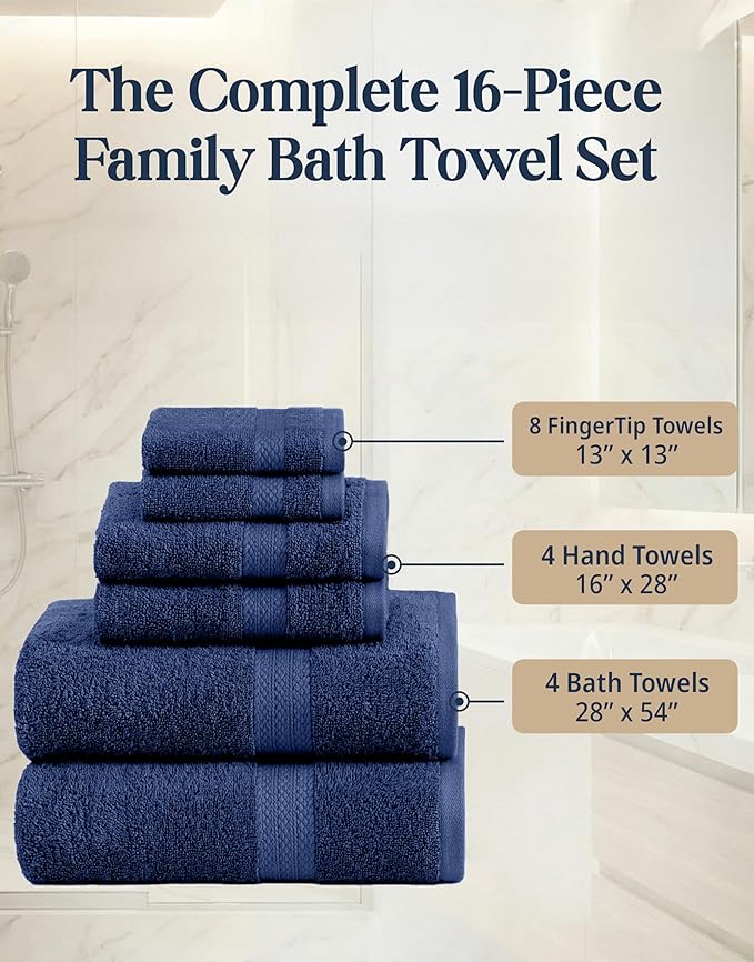 LANE LINEN Luxury Cotton Bath Towel Set - 16 Piece - Low Twist, Soft & High Absorbency - 4 Bath, 8 Wash cloths, 4 Hand Towels - Classic Hotel Quality, Durable & Ideal for Modern Bathrooms - Navy Blue