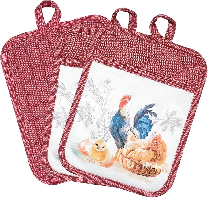 Pot Holders Set of 3 Silicone Printing Non Slip Heat Resistant, Yarm-Dyed Hot Pads Cotton Home Kitchen Cooking Barbecue Microwave Women Men Machine Washable BBQ Grilling. (Red Potholders)