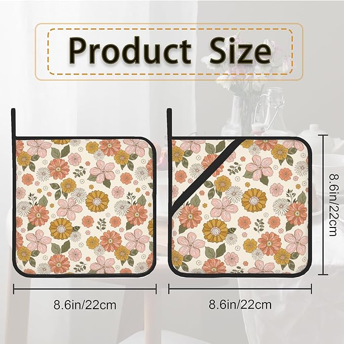 Retro Boho Groovy Flower Pot Holder Set of 2,Heat Resistant Potholders Oven Hot Pads for Kitchen Cooking Baking BBQ