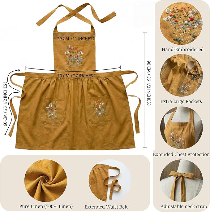 +Linen Embroidered +Apron For +Women With +Pockets, Cute Kitchen Apron, +Cooking +Baking Gifts For Her