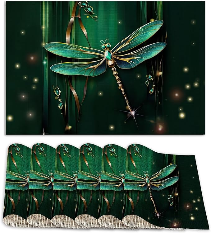Green Jewel Dragonfly Place Mats Set of 6, Table Mats Heat Insulation Non Slip Washable Dining Placemats for Wedding Holiday Party Kitchen Decor 12X18 in