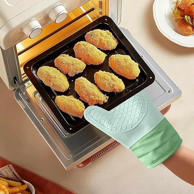 Silicone Oven Mitts，Heat Resistant up to 500°F, Oven Gloves with Soft Lining, Non-Slip Kitchen Essentials, Kitchen Gadgets, Apartment Essentials, Great Gift for Cooking (green-1pair)