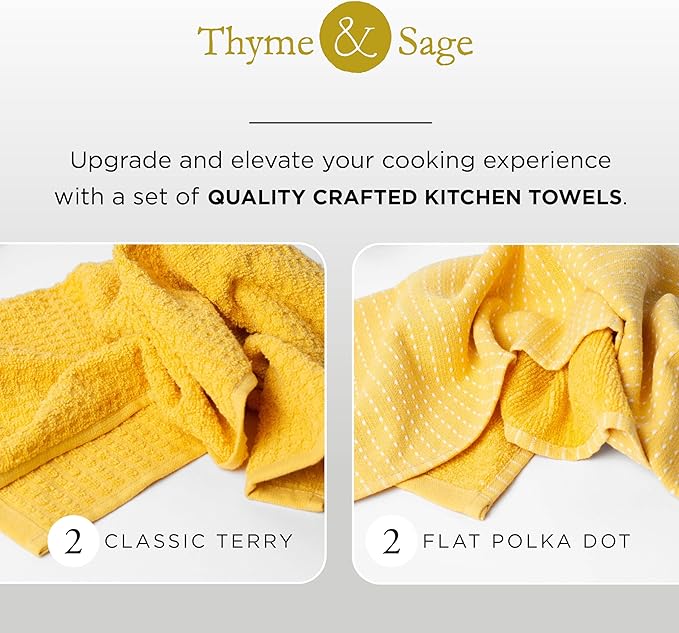 Thyme and Sage 100% Cotton Premium Turkish Kitchen Hand Towel Set, 16"x26", Ultra Absorbent, 350 GSM, Tumeric, Pack of 4