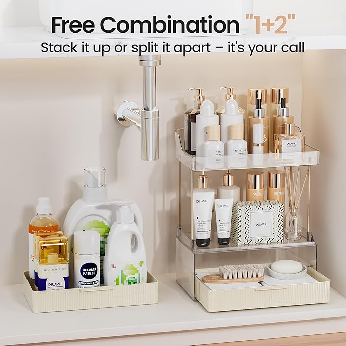 Delamu Bathroom Organizers and Storage, 2 Tier 2 Drawer Makeup Organizer Countertop, Easy to Install, Ideal for Bathroom Counter, Vanity, Ideal for Women Girls, Cream White
