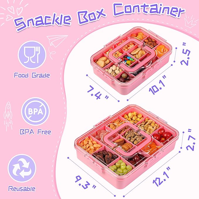 Xyptorix Snack Box Container for Kids - Adjustable 12-Compartment Snack Containers, Reusable Bento Box, Dishwasher Safe, BPA-Free, Perfect for School, Travel, Camping & Picnic, Pink, Large