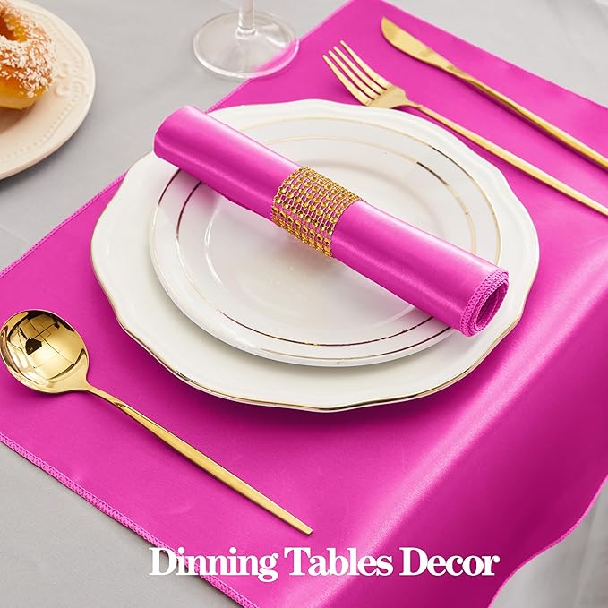 RUDONG M 100 Pcs Hot Pink Satin Napkins and Napkin Rings Set, 17 x 17 Inch Square Cloth Napkins Set of 50, Silky Soft Table Napkins Bulk for Weddings, Banquet, Parties Dinner Decoration