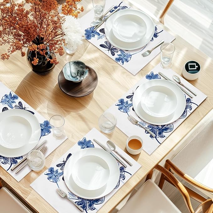 Cotton Linen Waterproof Placemats Set of 4, Dragonfly Blue Dining Mat Table Mats Decor Fabric for Kitchen Dinner Coffee Shop Table, Indoor/Outdoor Washable Wipeable Placemat -N037