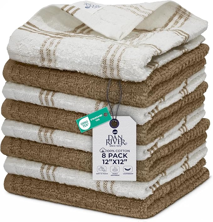 DAN RIVER Premium Dish Cloth 100% Cotton 12 X 12 Inches |Pack of 8|-Ultra Soft Tea Towels-Highly Absorbent Kitchen Rags-Terry Dishcloth for Kitchen and Household Cleaning |Tan|