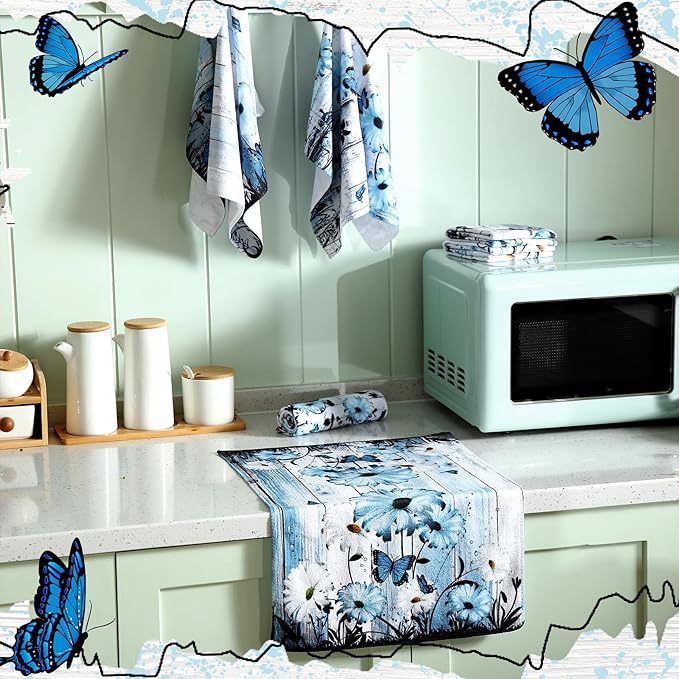 Breling Set of 6 Blue Daisy Kitchen Towel Vintage Themed Dish Towel Bathroom Decorative Rustic Tea Cloths for Kitchen Bathroom Home Cooking Housewarming Gifts, 14 x 21 Inch