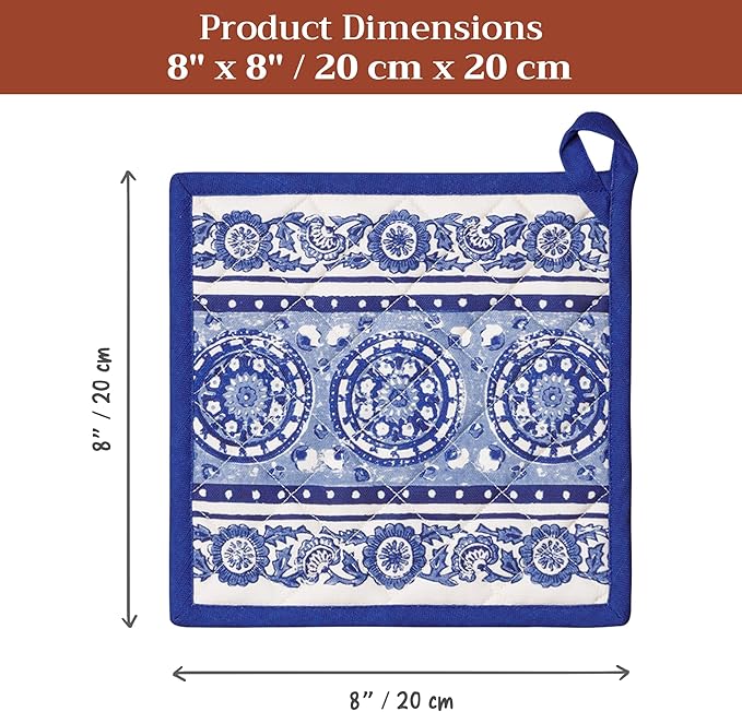 Maison d' Hermine Pot Holders 100% Cotton Heat Resistant Potholders 8" x 8" Hot Pads with Loop BBQ Cooking Baking Gifts for Mothers Day Handling Hot Pans Spring/Summer (Pack of 2, Melodie Bleue)