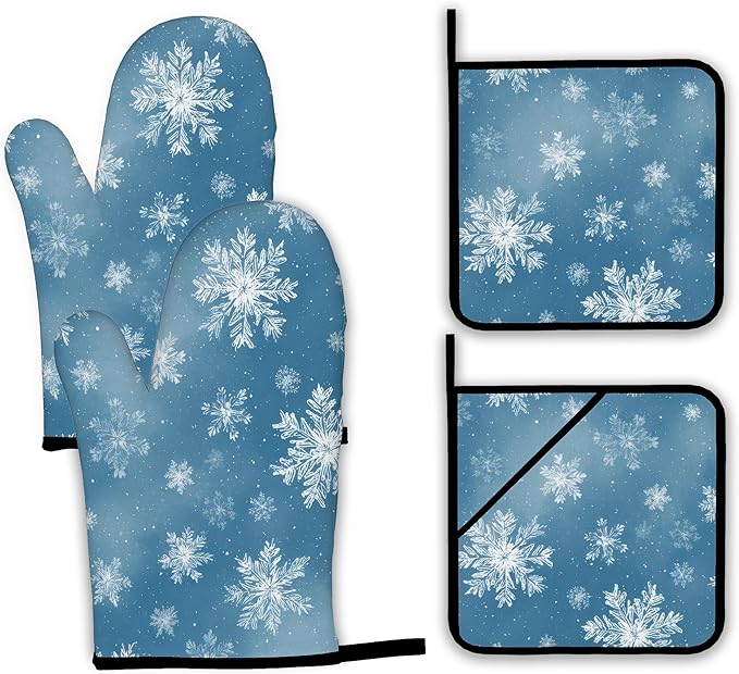 Snowflakes Oven Mitts and Pot Holders,Christmas Heat Resistant Oven Mitts Gloves and Pot Holder for Home Kitchen Decorations Cooking Baking BBQ Gifts,Set of 4