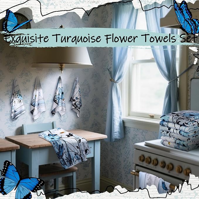 Breling Set of 6 Blue Daisy Kitchen Towel Vintage Themed Dish Towel Bathroom Decorative Rustic Tea Cloths for Kitchen Bathroom Home Cooking Housewarming Gifts, 14 x 21 Inch
