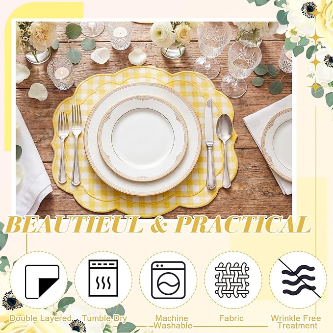 Breling Set of 6 Yellow Gingham Placemats Scalloped Embroidered Cotton Linen Placemats 17" x 13" Double Layered Machine Washable Table Place Mat for Wedding Birthday Baby Shower Party Table Decor