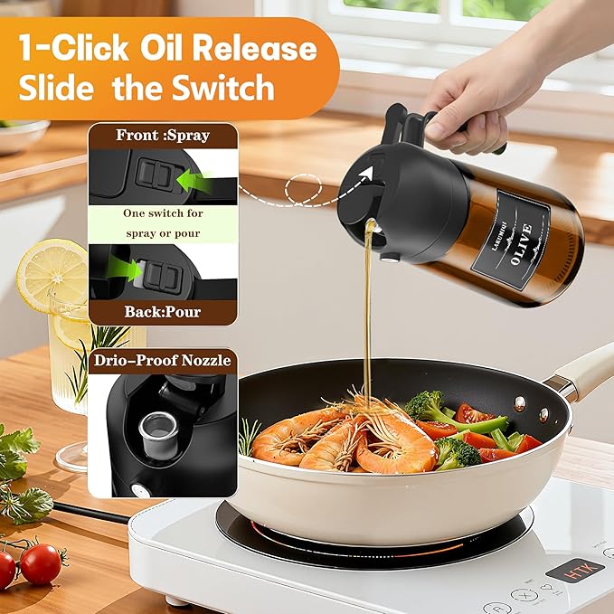 OURCABECUE 2 in 1 Olive Oil Sprayer for Cooking, 16oz/470ml Glass Olive Oil Dispenser Bottle for Kitchen, Light-Blocking Dark Brown Oil Mister with 8 Oil Stickers (Black 2PC)