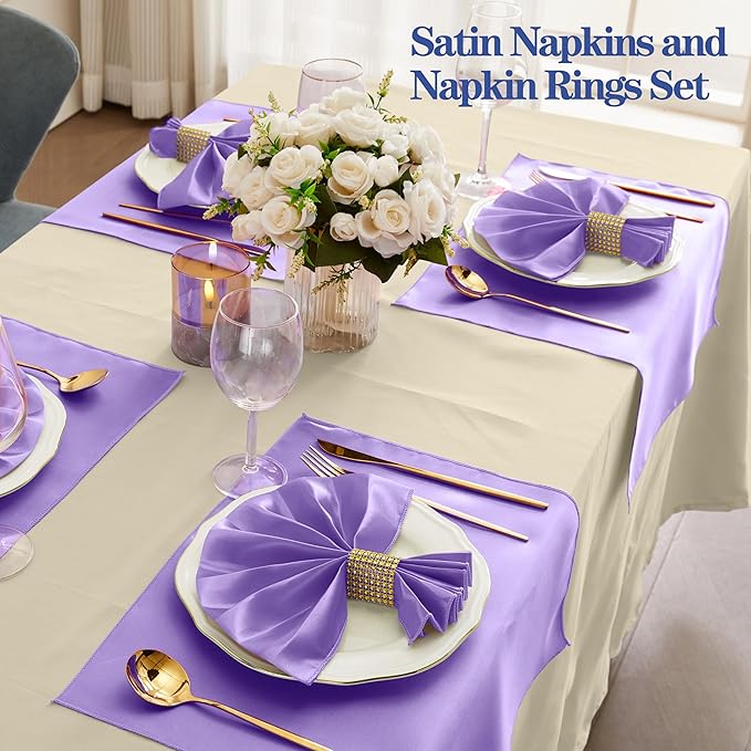 RUDONG M 100 Pcs Light Purple Satin Napkins and Napkin Rings Set, 17 x 17 Inch Square Cloth Napkins Set of 50, Silky Soft Table Napkins Bulk for Weddings, Banquet, Parties Dinner Decoration