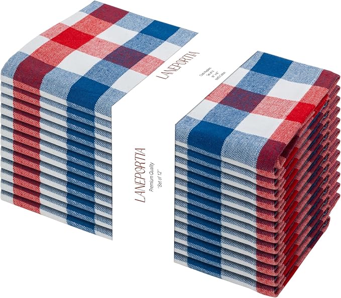 Cloth Napkins Set of 12, 100% Cotton Dinner Napkins 18x18 Inch, Soft Absorbent Gingham Check Napkin for Restaurant, Table Décor, Reusable Washable for Everyday Use - Red/Blue/White