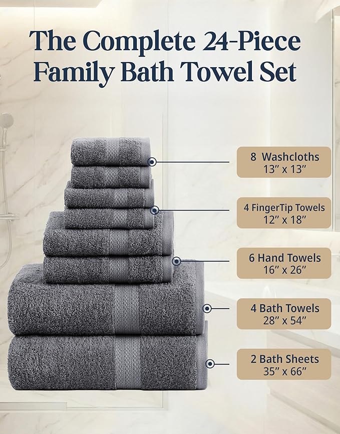 LANE LINEN 100% Cotton Bath Towels Set - 24 PCs - Durable, Quick Dry, Super Soft & Highly Absorbent - 4 Bath, 4 Fingertip, 6 Hand Towels, 8 Washcloths, 2 Bath Sheets - Perfect Family Set - Cool Grey
