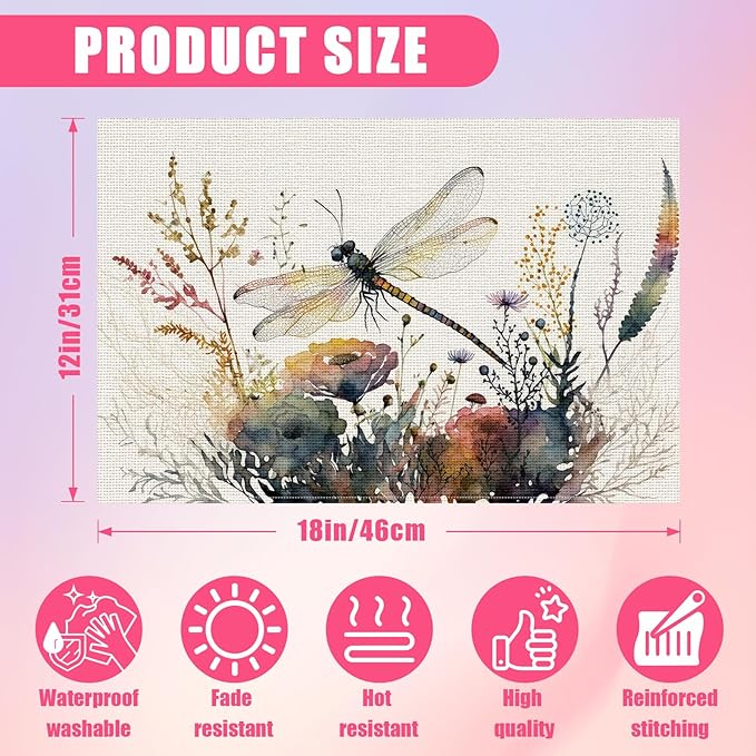 Watercolor Dragonfly Floral Placemats Set of 6,12x18 Inch Linen Place Mat Washable Stain Resistant Table Mats for Spring Summer Seasonal Farmhouse Kitchen Party Home Decor