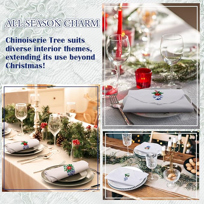 HunnmingRe 12 Pcs Christmas Blue and White Cloth Napkins Chinoiserie Embroidered Cotton Vase Hand Towels Blue Guests Napkin for Dinner Holiday Weddings Parties Washable 17x17 Inch