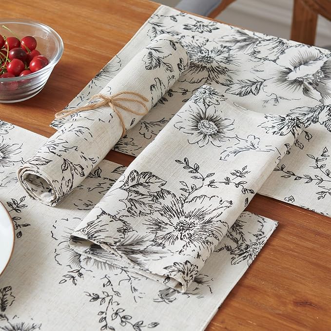 JINCHAN Floral Placemats Set of 4 Farmhouse Linen Placemats Cloth Table Mats Holiday Seasonal Rustic for Kitchen Dining Table Decor Heat Resistant Washable Tablemats 13x19 Inch Black