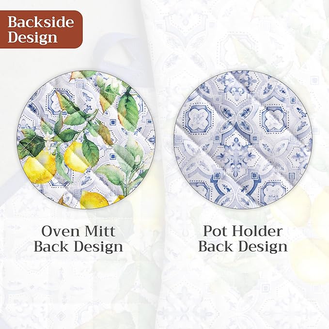 Maison d' Hermine 100% Cotton Oven Mitt & Pot Holder Set (7.5"x13" & 8"x8") Heat Resistant BBQ Cooking Gloves with Loop Baking Grilling Kitchen Gifts for Mothers Day Spring/Summer (Citrus)