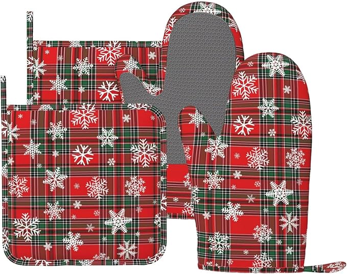 Christmas Plaid Snowflake Oven Mitts and Pot Holders Set, 4pcs Red and Green Checkered Silicone Oven Glove for Kitchen Heat Resistant Buffalo Plaid Oven Mitts and Potholders Non-Slip for BBQ